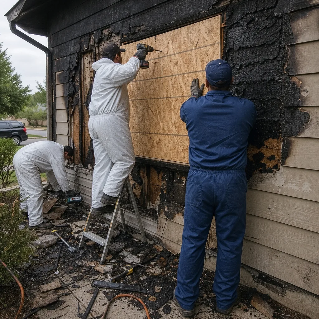 Fire damage restoration team boarding up charred exterior wall
