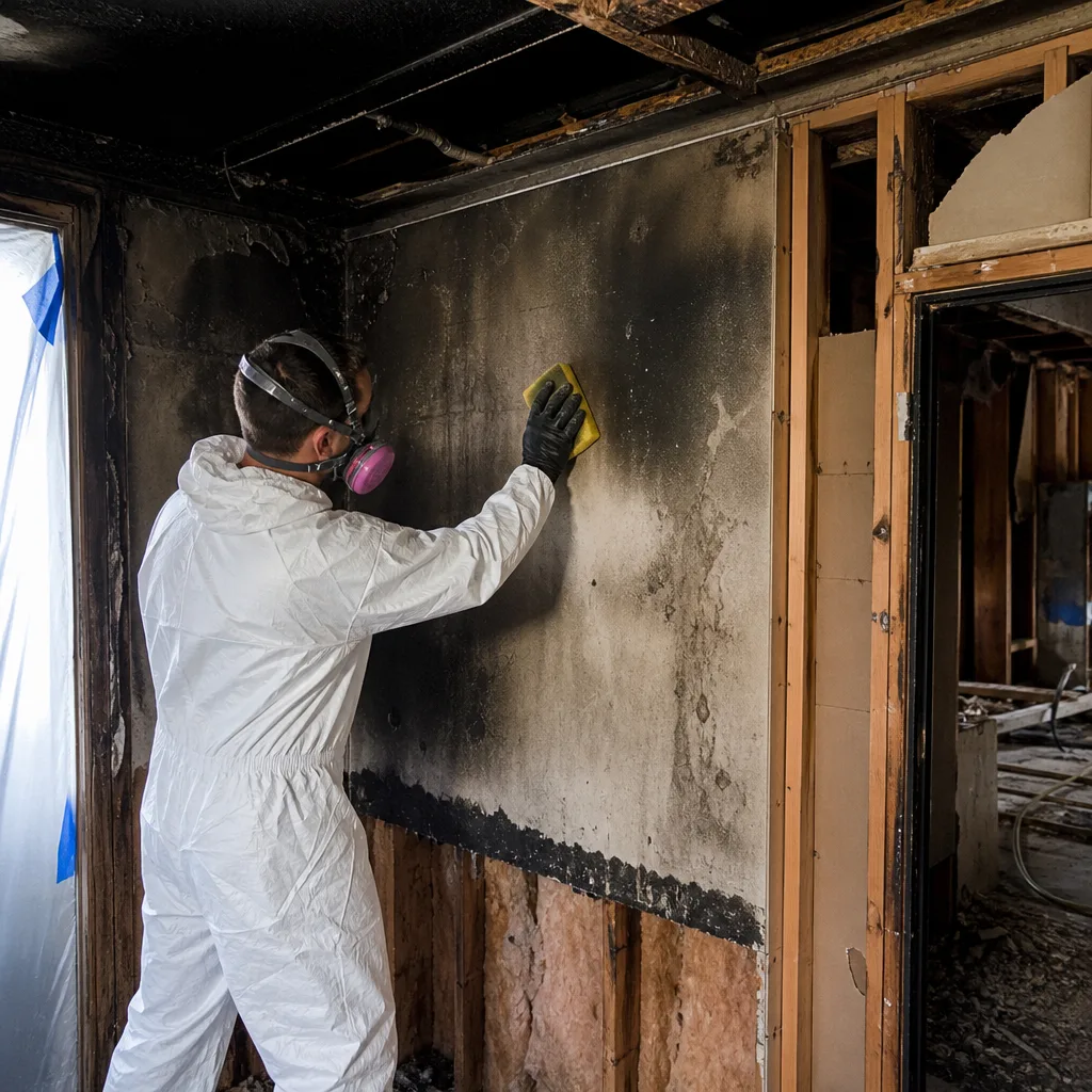 Technician in protective suit performing professional fire damage soot removal
