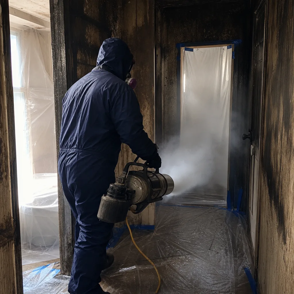 Technician performing professional fire damage deodorization and restoration in a home