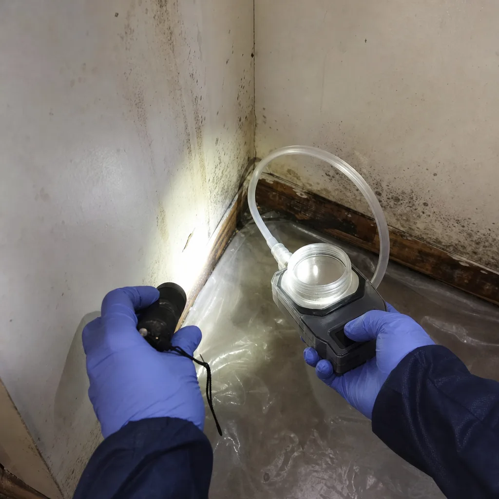 Professional mold inspector using air quality testing equipment on wall mold