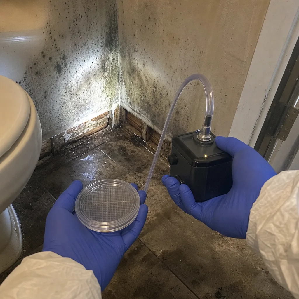 Professional performing a mold air quality test in a damaged bathroom.