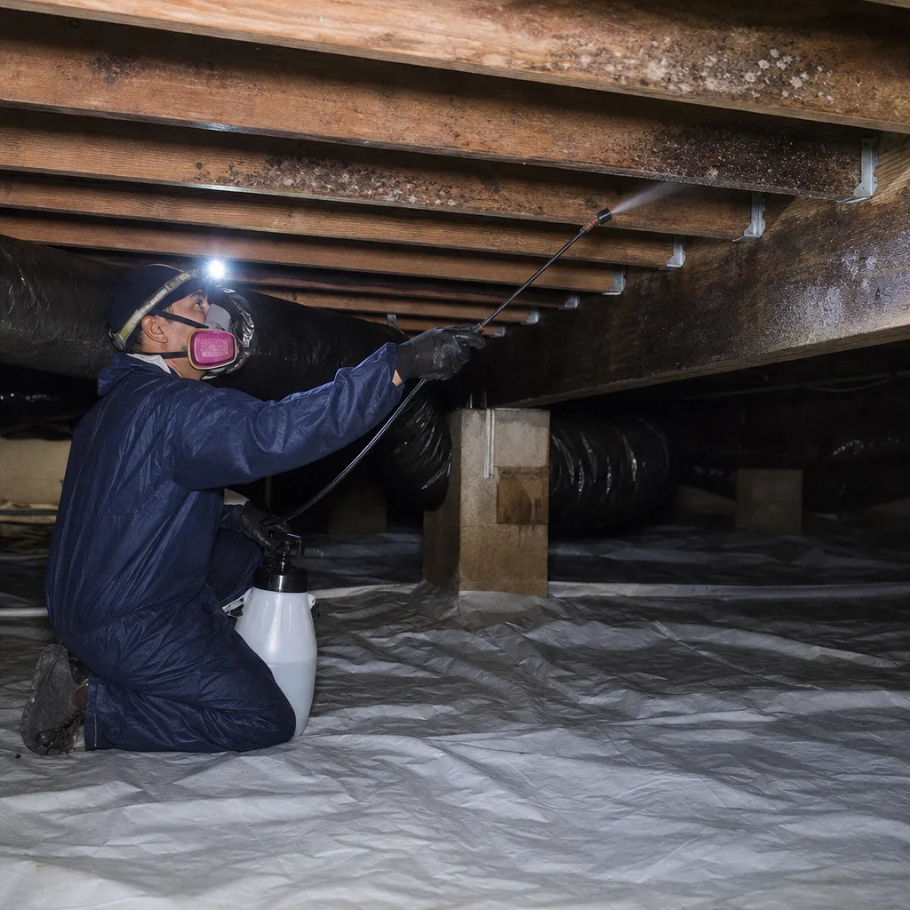 Professional technician applying mold remediation treatment to wooden crawl space floor joists.
